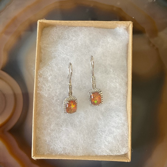 Silver fire opal dangle CZ earrings rectangle cubic zirconia black opal - Picture 5 of 7